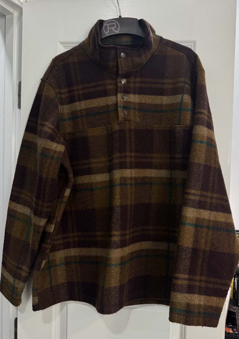 John Wayne Brown Plaid Wooly Fleece Snap-Button Pullover Jacket Size L